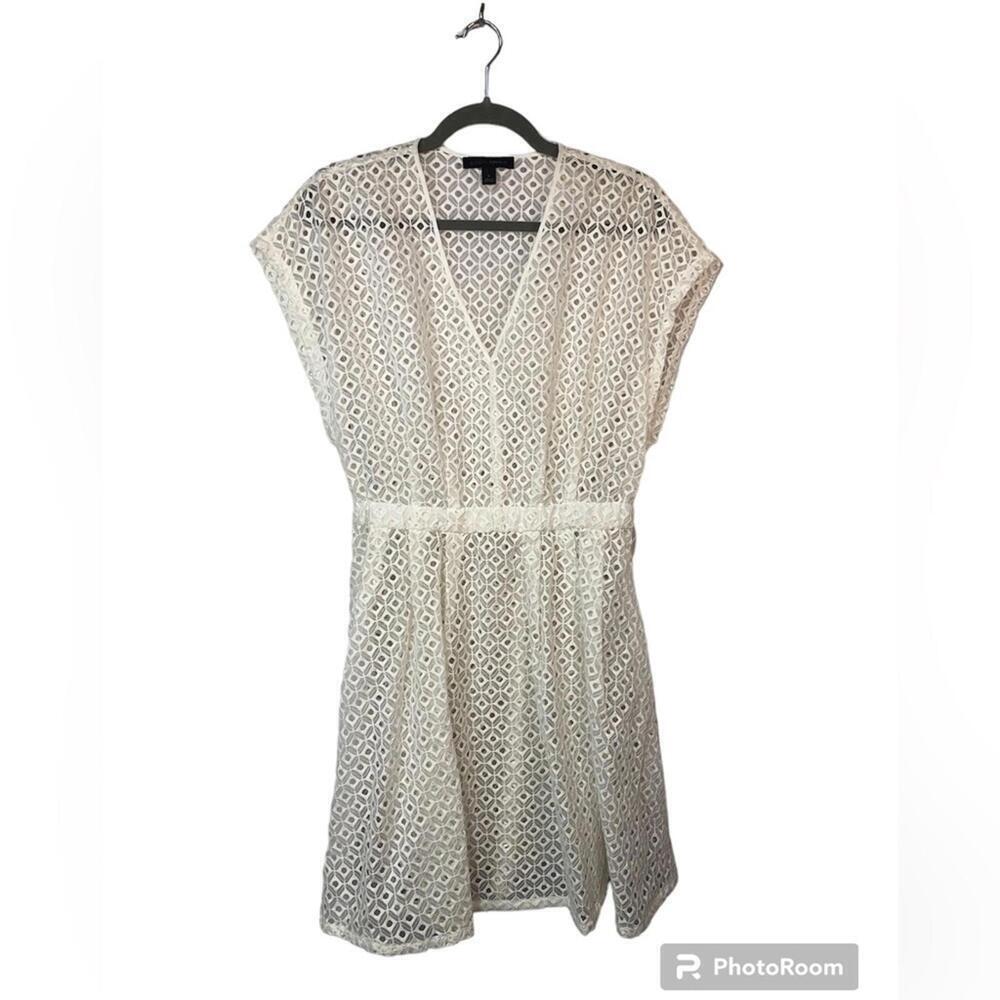 Banana Republic Women’s Dress Eyelet Belt V Neck Cream Lacey Full Skirt